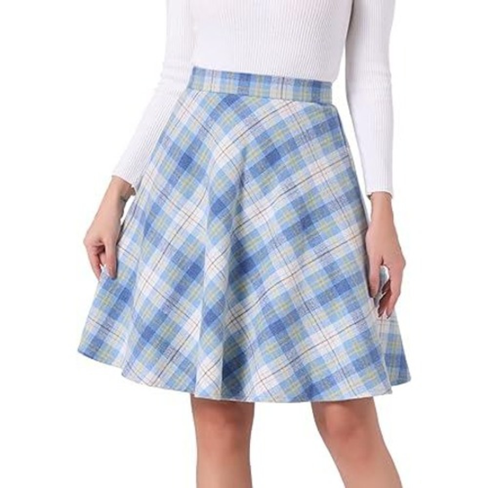 Plaid A Line Skirt Women's Blue Yellow White Knee Length Circle‎ Flared